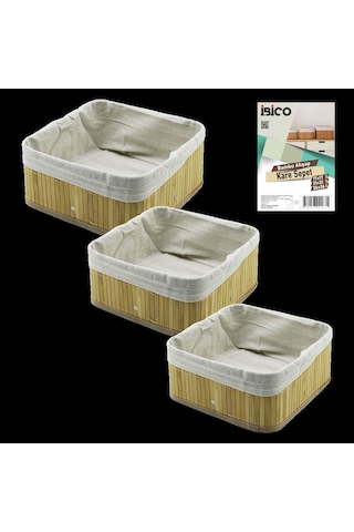3'lü Kare Organizer Sepet Seti - Bambu Kenarlı Ahşap Taban Bez Astarlı 17x17 / 21x21 / 26x26 Cm Çok Renkli