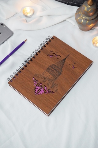 Galata Kulesi Ahşap A5 Spiralli Okul Defteri - Ajanda - Çizgisiz Defter Ahşap Rengi Ceviz Pembe