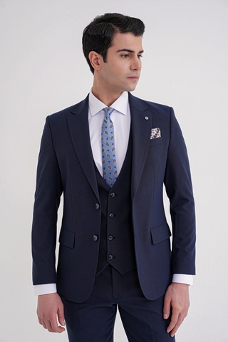 Efor Slim Fit Çift Yırtmaç Ekoseli Esnek Yünlü Yelekli Klasik Lacivert Takım Elbise Tk 934 Lacivert