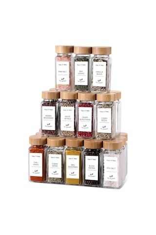 12&apos Li Bambu Ve Akasya Kapaklı Cam Baharatlık Seti 120 Ml - Doğal Ahşap Kapaklı, Şeffaf Cam, Sağlıklı Ve Şık Baharat Kavanozları Bambu Kapak Diğer