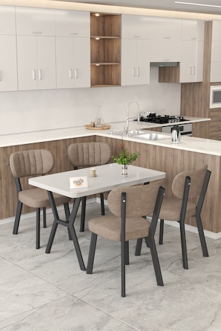 Gnr 70x110cm Sabit Beyaz Mutfak Masası Takımı, Yemek Masası, 4 Modern Cappucino Sandalye Cappuccino