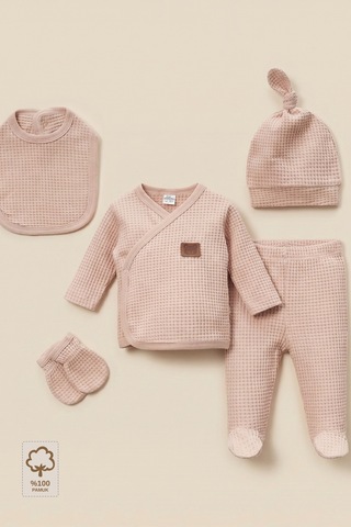 Minory Baby - %100 Pamuk 5'li Hastane Çıkışı Seti Yenidoğan 5'li Set Waffle Kumaş Battaniyesiz Çok Renkli Çok Renkli