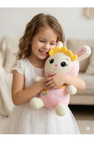 35 Cm Ayçiçeği Kostümlü Pembe Peluş Tavşan - Yumuşak Uyku Arkadaşı - Sun Flower Nakışlı Beyaz - Pembe