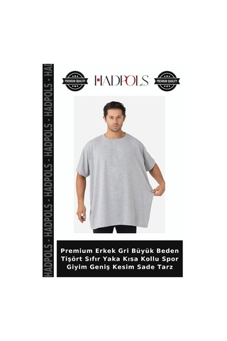 Hadpols Premium Erkek Gri Büyük Beden Tişört Sıfır Yaka Kısa Kollu Spor Giyim Geniş Kesim Sade Tarz