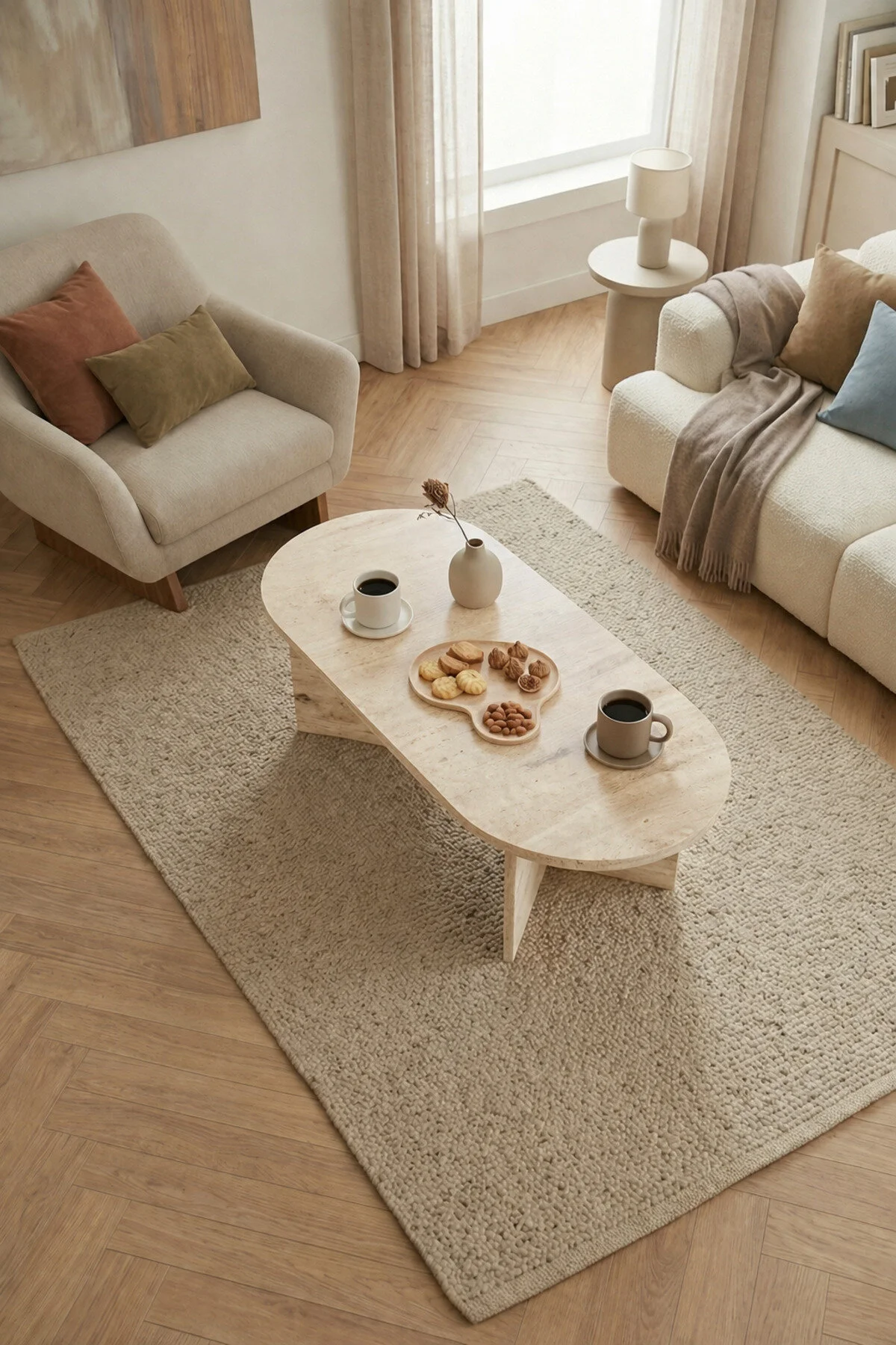 Modern Oval Orta Sehpa Minimal Ahşap Salon Sehpası Şık Tasarım Traverten