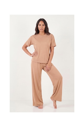Lela Yumuşak Dokulu Bisiklet Yaka Lastikli Bel Kısa Kollu Pijama Takımı Bayan Pijama Takımı 65720102 Bej