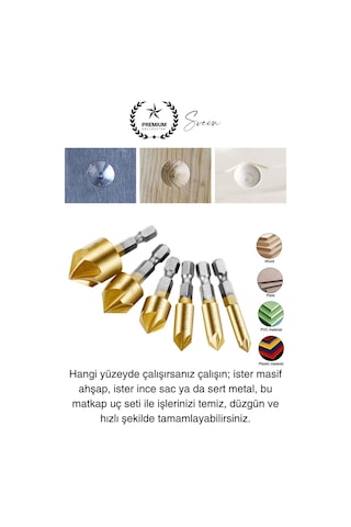 Premium Titanyum Kaplama 6'lı Kırılmaz Uçlu Paslanmaz Ahşap Sac Metal Havşa Açma Matkap Uç Seti