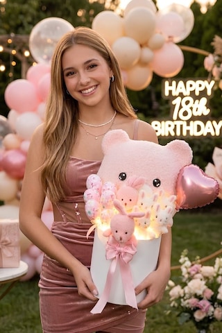 Deluxe Led Işıklı Peluş Ayı Yastıklı Silindir Kutuda Peluş Ayıcık Ve Tavşan Buketi Sevgiliye, Kıza Hediye