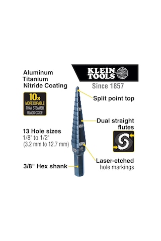 Klein Tools Ktsb01 Kademeli Matkap Ucu Çift Oluklu 1, 1/8 Ila 1/