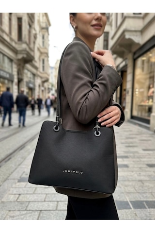 Just Polo Kadın Büyük Boy Premium Gümüş Logolu El Çantası Ve Cüzdanı Kombin Tote Bag Ebat : 22 X 34 Cm Siyah Kombin