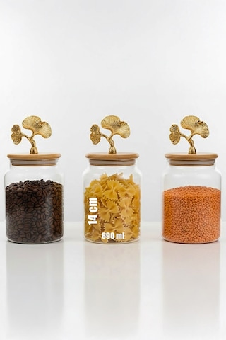 3 Lü Bambu Kapaklı Ginkgo Figürlü Kavanoz Seti - Orta Boy Saklama Kabı 890ml Şeffaf