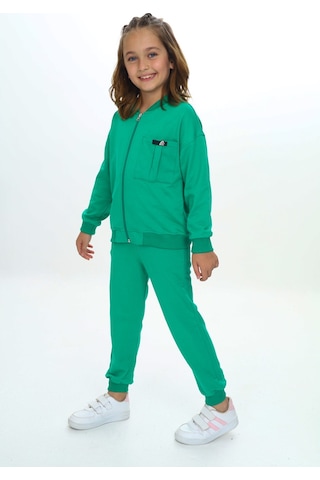 Toontoy Kids Toontoy Kız Çocuk 2'li Takım Baskılı Bisiklet Yaka Kolu Fırfırlı Sweatshirt & Beli Paçası Lastikli Cepli Jogger Eşofman Altı - 2 İplik Çimen Yeşili