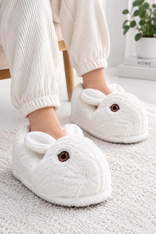 Modafocus Sevimli Tavşan Figürlü Peluş Kadın Ev Pandufu - Beyaz Beyaz