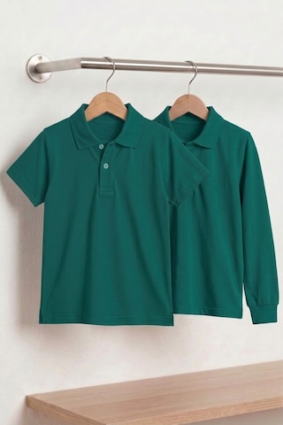 Nacar Store Unisex Çocuk Uzun Ve Kısa Kollu Polo Yaka Okul Tişörtü 2'li Set Zümrüt Yeşil