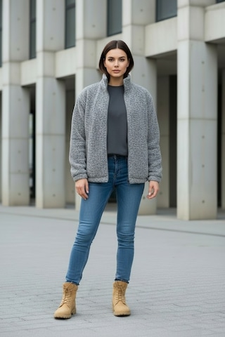Kadın Oversize Peluş, Polar, Fermuarlı, Teddy Dik Yaka, Sıcak Tutucu Yumuşak Kışlık Ceket Gri