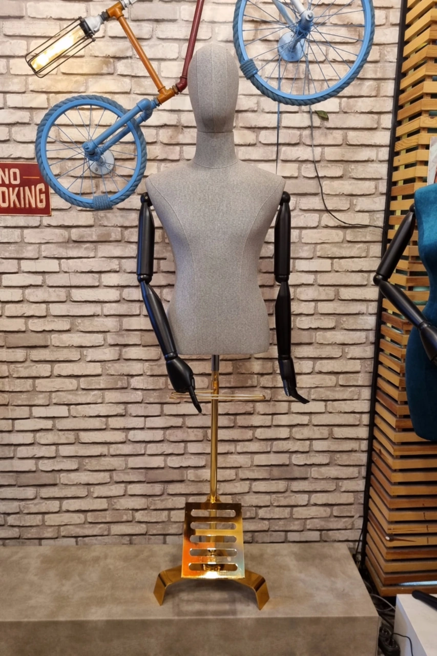 Yüksek Kalite Erkek Kumaş Kafalı Keten Kumaş Ahşap Kollu Terzi Mankeni 0011