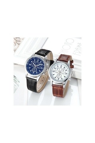 Üç Gözlü Mavi Işık Cam Kemerli Erkek Saati - Beyaz Kadran Siyah Çok Renkli