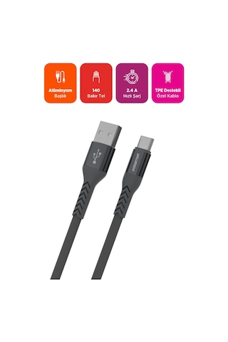 Polosmart Pbs419 Type-c Şarj Kablosu 1.2m 2.4a Hızlı Şarj & Veri Aktarım Ultra Dayanıklı Gri