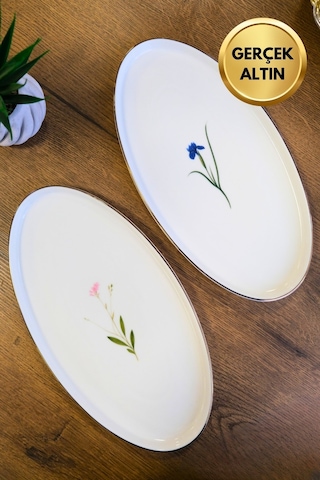 Tabak Evi Porselen Natura Karma Altın Yaldızlı Dik Yanaklı Kayık 32,50x17x2,50cm 2 Parça Çok Renkli