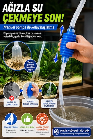 Manuel Pompalı Akvaryum Dip Temizleyici Su Değişim Sifonu Kum Temizleme Hortumu Elektriksiz 150 Cm