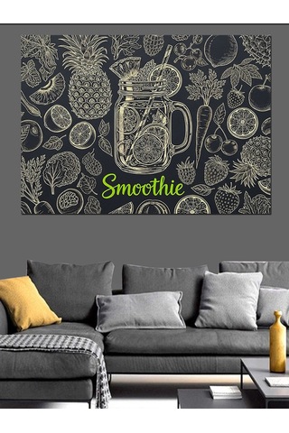Siyah Beyaz Meyve Desenleri Ve Smoothie Bardağı Dekoratif Kanvas - Mdf Ahşap Tablo