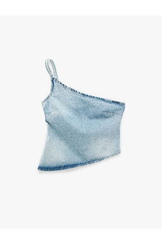 Koton Rahat Kalıp Taş Detaylı Pamuklu Fermuarlı Askılı Asimetrik Denim Bluz Açık İndigo 6sal30035md
