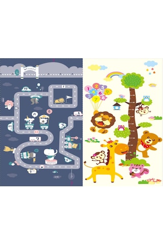 Delt Yol Desenli-hayvanlı Çift Taraflı Katlanabilir Oyun Matı Oyun Halısı 150x200x1 Cm Çantalı