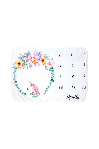 Neevoyu Bebekler İçin Aylık Gelişim İzleyici Flannel Battaniye - Fotoğraf Çekim Dekoru Unicorn Desenli Çok Renkli