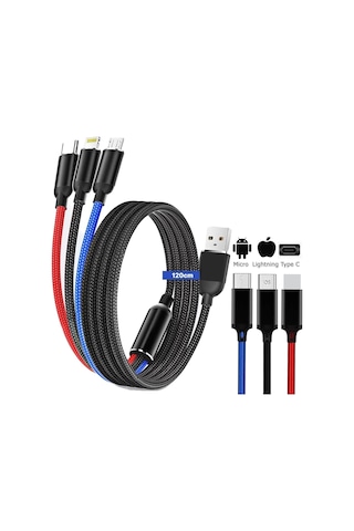 5 Adet 3ü1 Arada Usb Typec Micro Lightning Şarj Ve Veri Aktarım Kablosu 1,2 M