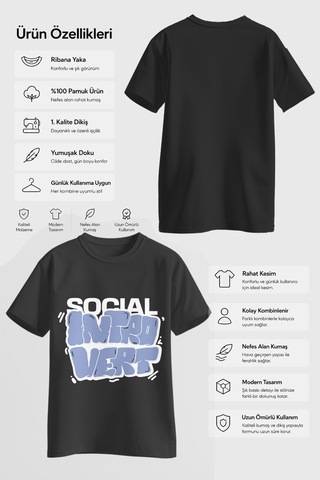 Spoyi Sosyal Introvert Tasarımlı %100 Pamuk Yarım Oversize Siyah T-shirt
