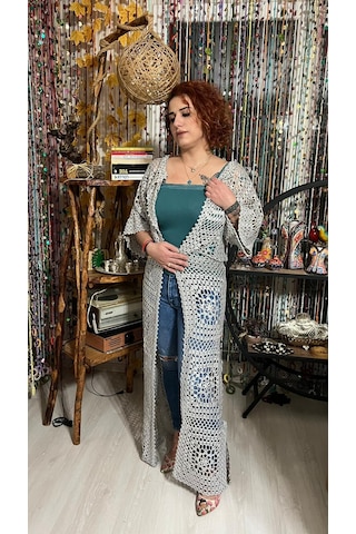 Gönülden Tasarım Özel Tasarım El Örgüsü Motif Işleme Plaj Giyim Spor Giyim Yazlık Etnik Hırka Gri