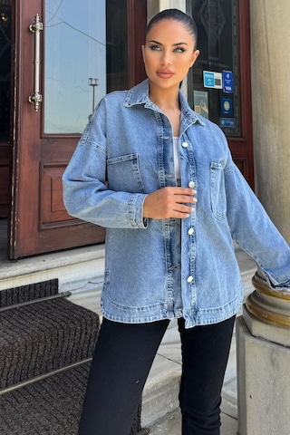 Mavi Oversize Kot Cepli Düğmeli Ceket Gömlek Açık Mavi