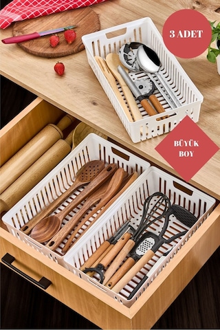 Büyük Boy Beyaz 3'lü Set Modüler Kaşıklık Ve Kepçelik Çekmece Içi Düzenleyici Mutfak Organizer Beyaz