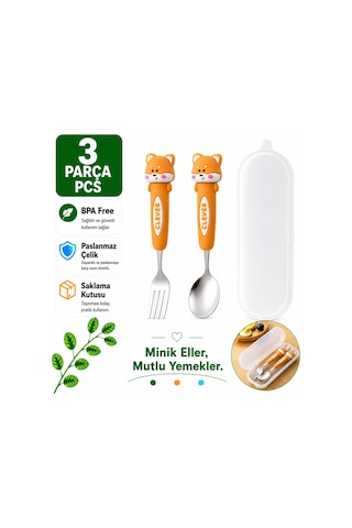 Kahverengi Tavşan Figürlü Premium Çocuk Bpa Free Paslanmaz Çelik Uçlu Çatal-kaşık Set 24+ Ay