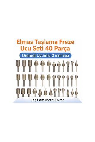 Senbang Elmas Taşlama Freze Ucu Seti 40 Parça Dremel Uyumlu 3 Mm Sap Taş Cam Metal Oyma