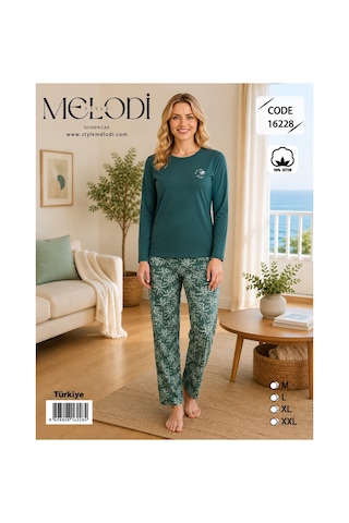 Melodi Kadın Standart Kalıp %100 Pamuk Bisiklet Yaka Uzun Kollu Baharlık Pijama Takımı 16228 - 1 Adet Petrol