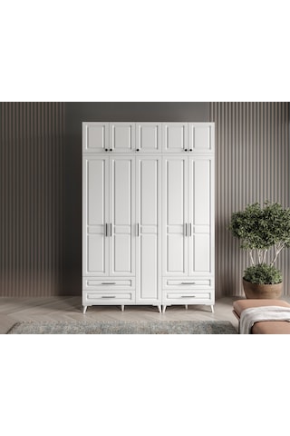 GuneyStore Gözde 5 Kapaklı Yüklüklü Komple MDF Beyaz Gardırop