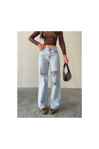 Blue Marlın Çift Diz Lazer Yırtık Boyfriend Bol Paça Jeans Taş