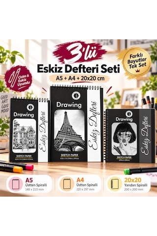 3 Lü Eskiz Defteri Seti A5, A4 Ve 20x20 Cm Farklı Boyutlarda Spiralli Çizim Defteri