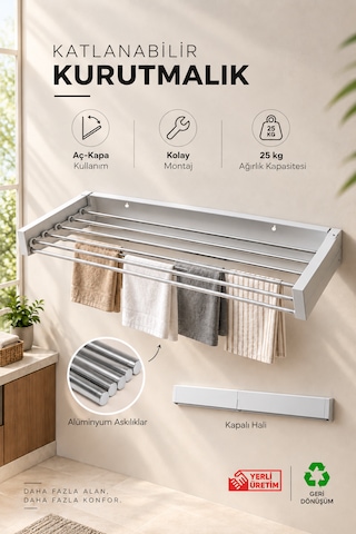 Lavinger Çamaşır Kurutma Askısı 80 Cm 6 Borulu Duvara Monte Kurutmalık Beyaz
