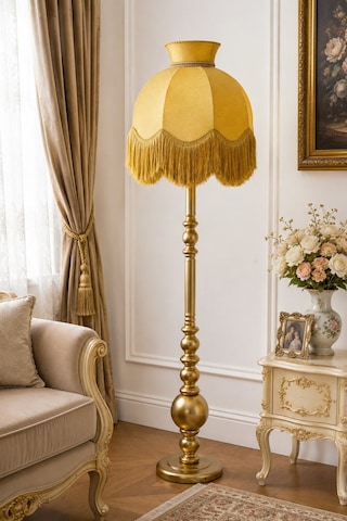Gold Kadife Başlık Gold Ahşap Ayaklı Lambader Vintage Model 170x50cm