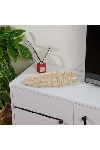 Evidea Deco Leaf Dekoratif Tabak - Beyaz / Gold - 37x16 Cm