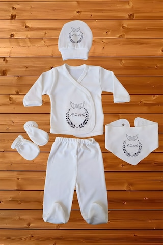 İsimli %100 Pamuk 5'li Organik Erkek Bebek Hastane Çıkışı Beyaz