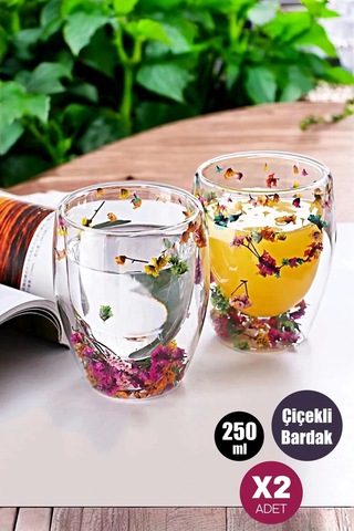 Tilbe Home 2'li Çift Cidarlı Flower Cup 250ml Çiçekli Bardak Kahve Çay Bardağı El Yapımı Cam Bardak Çiçekli