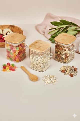 3 Lü Kaşıklı Cam Kavanoz Seti Baharatlık Saklama Kavanozu 450 Ml Şeffaf