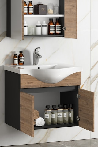 Yıldız 55 Cm Antrasit Gri Mat-Atlantik Çam Mdf Seramik Lavabolu Asma Banyo Alt Dolabı Antrasit - Atlantik Çam