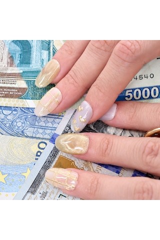 Takma Tırnak Sarı Nail Art Kısa Oval 10'lu Tekrar Kullanılabilir El Yapımı Protez Takma Tırnak Ekov3031 S