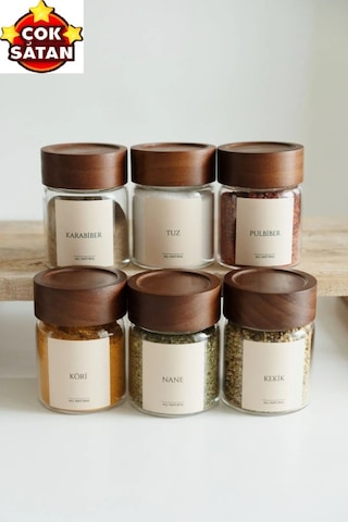 6'lı Akasya Kapaklı Cam Baharatlık Seti 300 Ml 16 Adet Etiket Hediye M70913 Ahşap