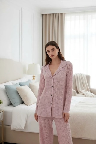 İkikareshop Kadın Pembe Önden Düğmeli Rahat Kesim Pijama Takımı - Günlük Ev Giyim Seti Çok Renkli