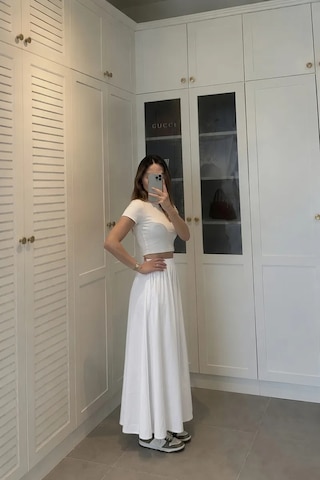 Kadın Beyaz Poplin Kumaş Uzun Etek Beli Lastikli Günlük Maxi Etek 90 Cm